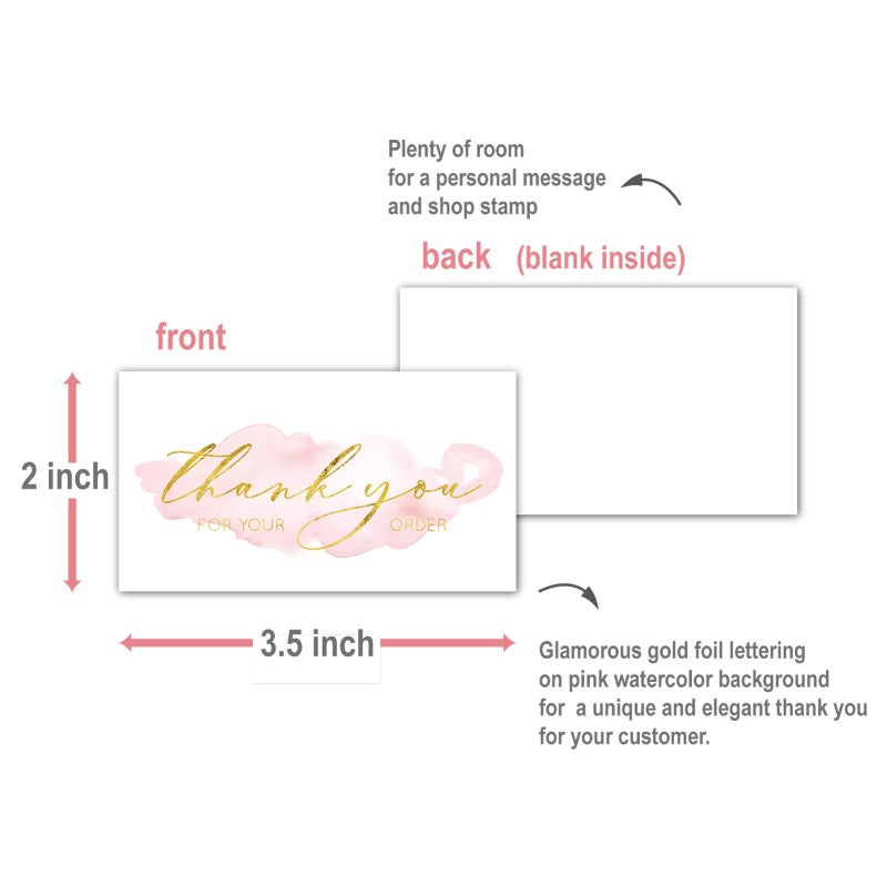 Gooji 100 Pack 2 x 3.5 (the size of a business card) Gold Foil Pink Watercolor Thank You for Your Order Cards for Small Business orders - Image 3